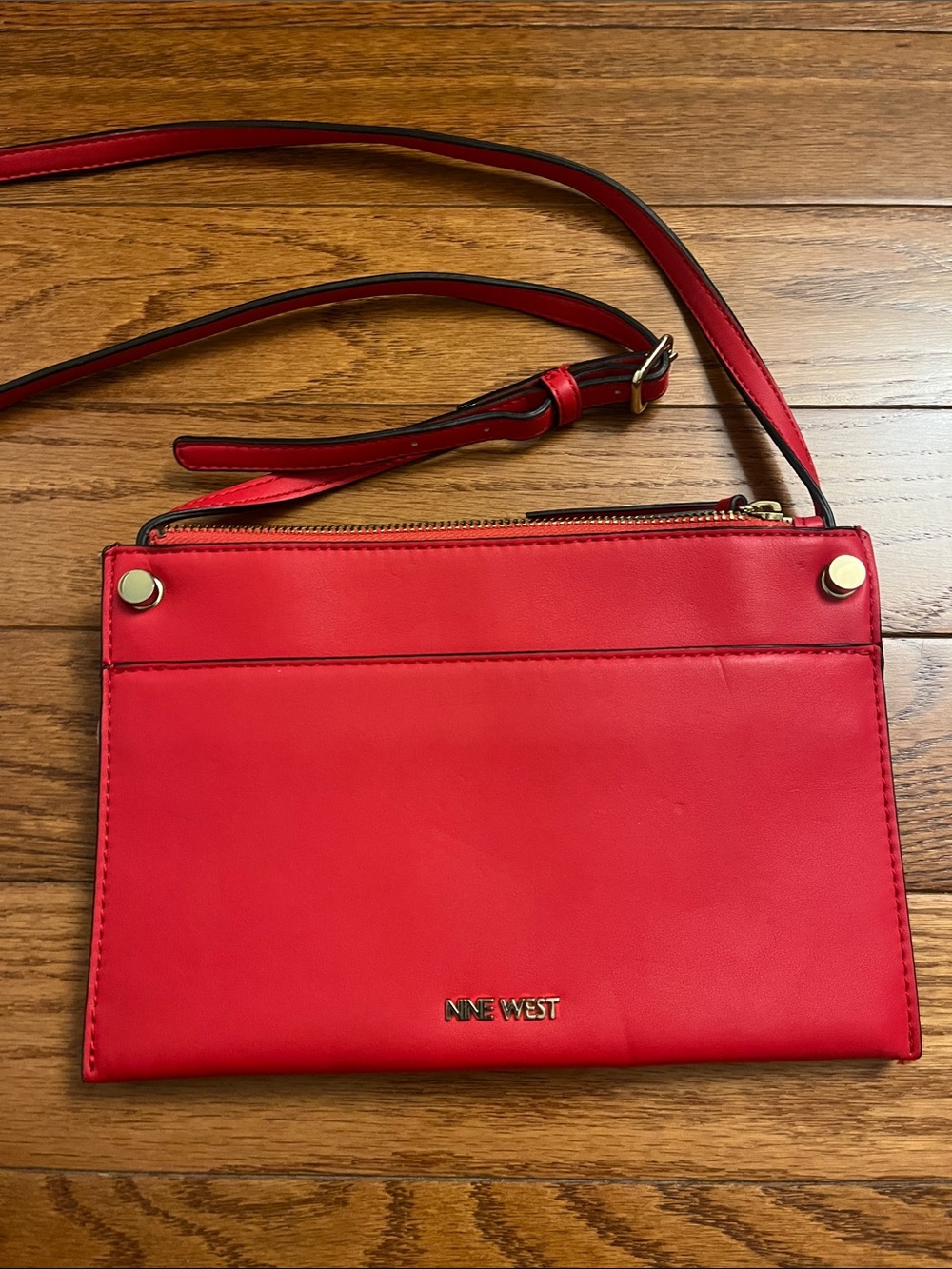 NINE WEST Red Adjustable Shoulder Handbag Purse Bag Double Zip 9.5" x 6"